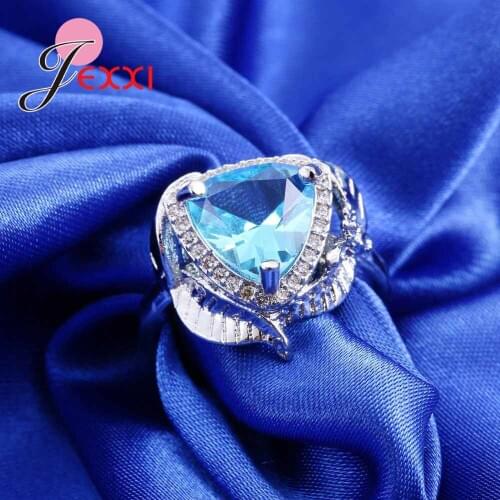 New Lake Blue Triangle Crystal Anillos Bijoux For Women 925 Sterling Silver Leaf Wedding Anniversary Rings Band Jewelry