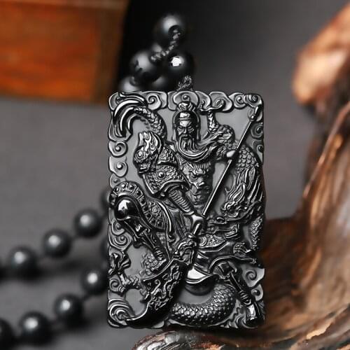 Natural Black Obsidian Beads Necklace Hand-Carved Guan Yu Jade Pendant Fashion Charm Jewelry for Man Auspicious Amulet Gifts