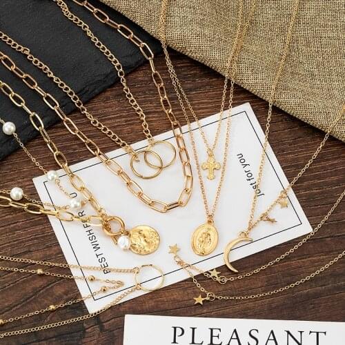 Fashion Vintage Multi-layer Cross Necklaces For Women Gold Metal Geometric Hanging Necklaces 2021 Trend Female Modern Jewelry