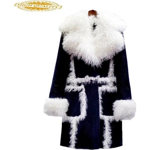Real Fur Coat Women Clothes 2019 Winter Jacket Woman Sheep Shearing Real Mongolia Sheep Fur Collar Long Coat KJ1050