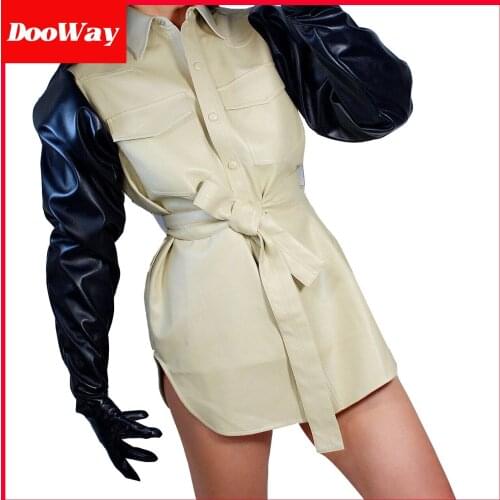DoOWay Fashion Extra Long Leather Gloves for Women Faux Lambskin Oversized Wide Large Puff Sleeves 34 inches Black-Touchscreen