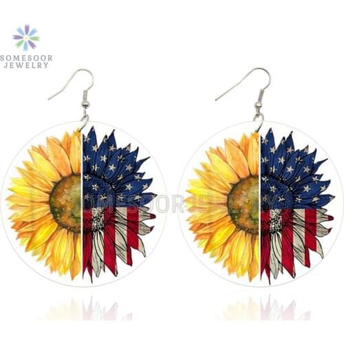 SOMESOOR Independence Day Sunflower American Flag Wooden Drop Earrings USA Soul Design Print Loops Dangle Jewelry For Women Gift