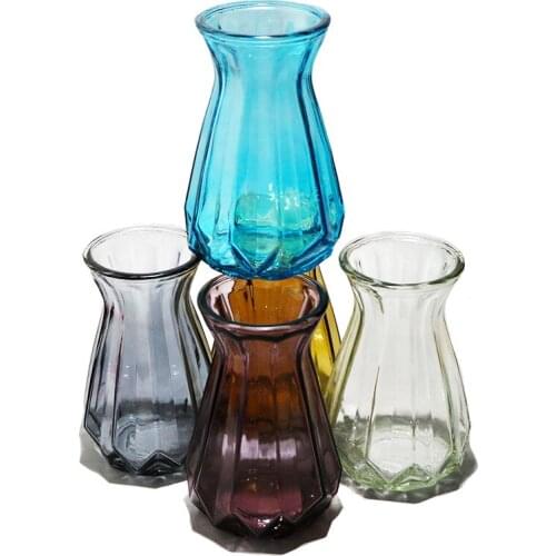 Glass Vase Transparent Blue Yellow Purple Grey Vertical Edge Flower Bottle 18 CM & 24 CM Party Gift Flexagon Home Decoration