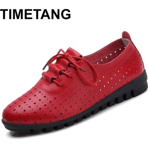 TIMETANG 2020 Casual woman shoes Spring fashion white woman flats split leather shoes Hollow out Loafers ladies shoes plus size