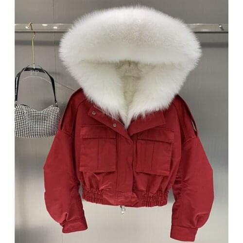2020 New Womens Real Fur Parka Natural Fox Fur Collar Winter Thick Warm Real Fur Coat Hooded Lamb Fur lined Bomber Jacket