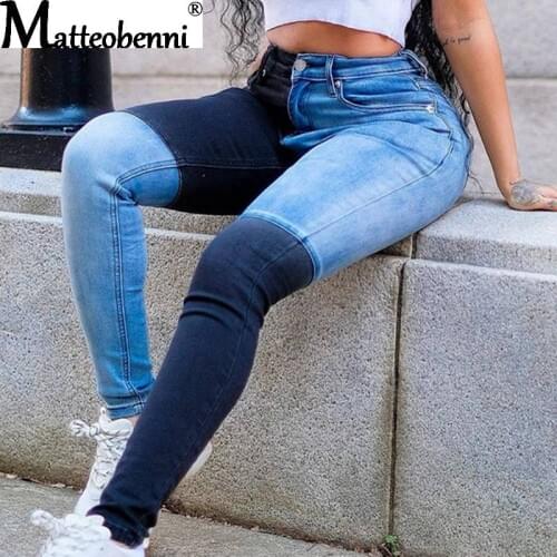2020 New Autumn Fashion Contrast Patchwork Jeans Women High Waist Hip Hop Pencil Pants Ladies Trousers Female Denim Streetwear