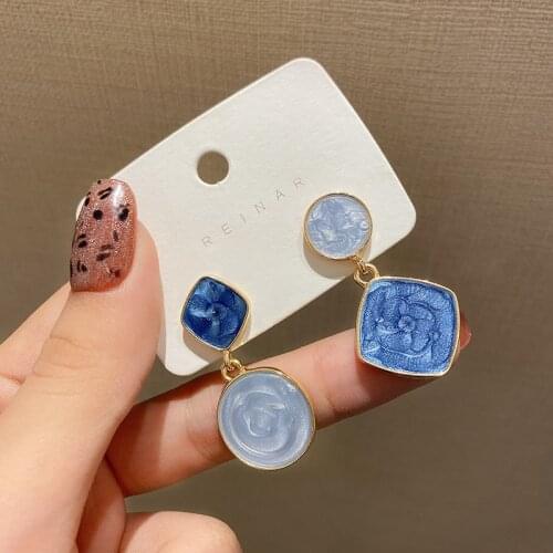 2021 New Round Square Blue Color Vintage Asymmetric Circle Drop Earrings for Women Hanging Swings Fashion Wedding Jewelry