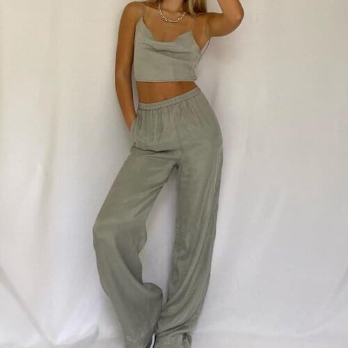 XEASY Women 2021 New Summer Two-Piece Set Vintage Gray Slim Tank Top Female Streetwear Elastic High Waist Trousers Pants Set