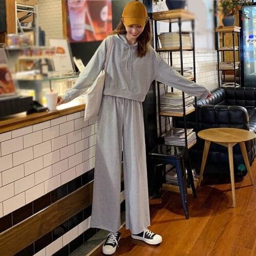 Hoodie Drawstring Long Sleeve Pullover Women 2 Piece Sets Lace Up Width Leg Pants Female Suits Autumn Casual Tracksuit Lady Suit