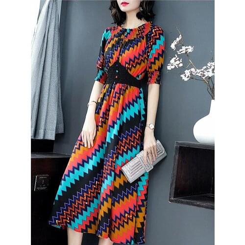 Elastic Waist Dress Women 2019 Spring Summer New Womens fashion Short-sleeved Slim Long Dress Female One Word Collar Wild