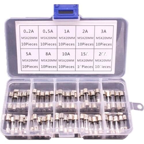 100PCS/Box Kit 0.2A-20A 5x20Mm Fuse Kits DIY Quick Blow Glass Tube Fuses