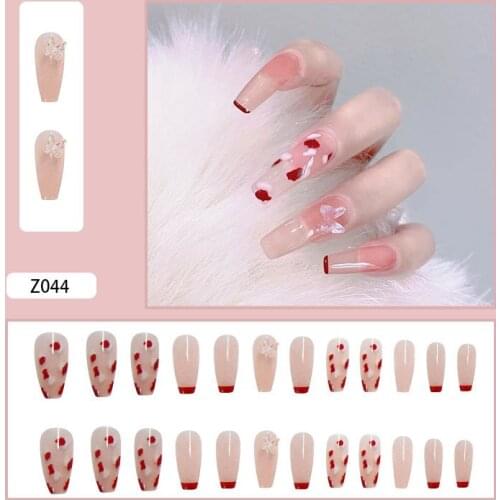 24Pcs/Box Pink 3D Butterfly False Nails Adhesive Sliders Nail Sticker Wear Long Manicure Patch Fully Covered DIY Nail Art Decor