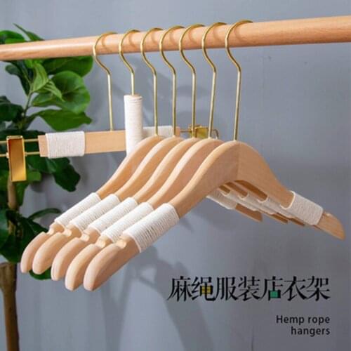 10pcs/lot Wood Clothes Hangers with Hemp Cord Bound Non-slip Shoulder Wooden Coat Hanger Fashion Shop Use(30pcs or more can logo