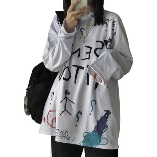 Women Graffiti Printed Loose Long T-shirt Hip Hop Streetwear Long-sleeved Preppy Female Friends 90s Oversized Tee Shirt