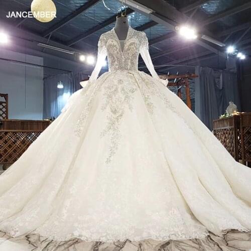 HTL1976 Luxurious Sexy V-Neck Crystal Beading Sequined Wedding Dress 2021 For Woman Ball Gowns Long Sleeve