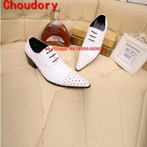 Italian mens shoes brands black white high heels spiked loafers luxury pointed toe dress shoes studded genuine leather oxford