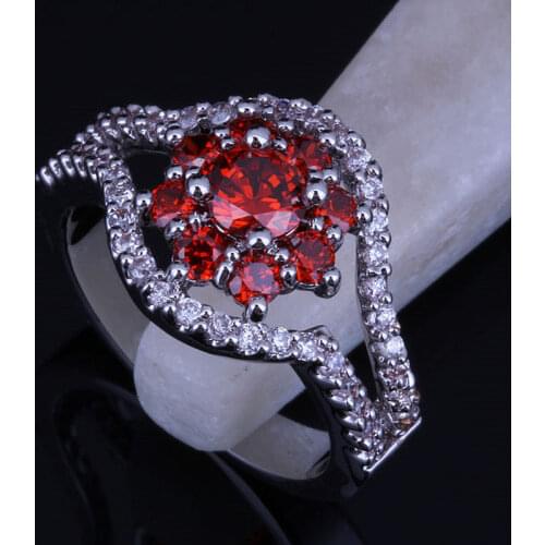 Love Monologue Top Quality Flower Red imitation Garnet & Cubic Zirconia Silver Color Rings for Women Size 7 / 8 J0296