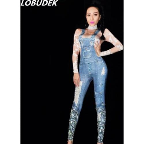 Bright Rhinestones Denim Printing Spandex Jumpsuit Long Sleeve Fashion Sexy Skinny Rompers Nightclub Singer Host Stage Costume