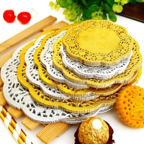 50pcs Round Gold Silver Paper Lace Doilies Cake Place Mat 6.5/7.5/8.5in Party Wedding Gift Decoration Disposable Party Tableware