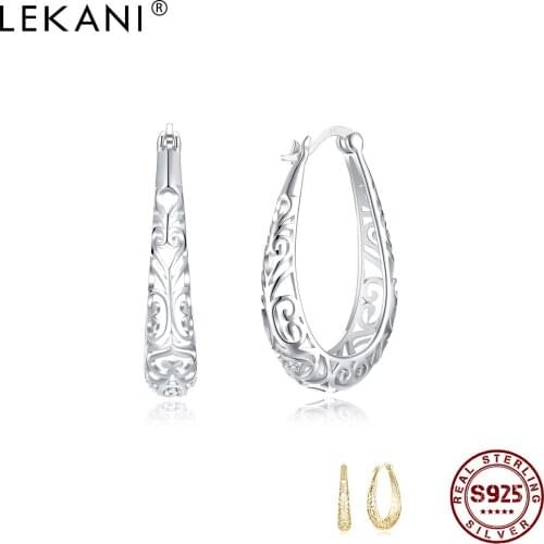 LEKANI Minimalist Earrings For Women 925 Sterling Silver 2 Color Hollow Out Pattern Golden Stud Earring Female Luxury Jewelry