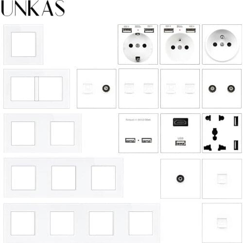 UNKAS Modules DIY Combination Free Matching French EU Socket USB Charger TV RJ12 Telephone RJ45 Computer Glass Panel Outlet