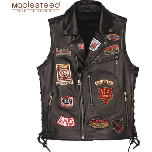 Motorcycle Leather Vest Patches 100% Real Cowhide Slim Fit Biker Leather Vest Men Motor Waistcoat Leather Jacket Sleeveless M449