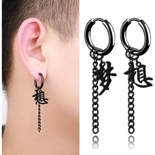 SOHOT New Unisex Titanium Stainless Steel Word Dream Hoop Earrings Black Color HipHop Wholesale Punk Chic Tassel Chain Man Party