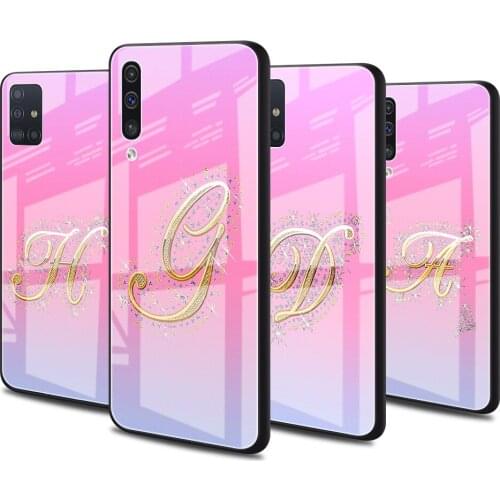 Luxury Glass Cover for Samsung Galaxy A51 A50 A71 A70 A21s A31 A10 A40 A41 A52 Tempered Phone Case Lovely Pink Letter