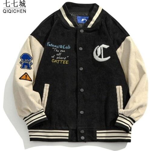 Street Corduroy Baseball Jacket Men Women Astronaut Embroid 2021 Autumn Patchwork Bomber Jacket Mens Letter Varsity Coat Unisex