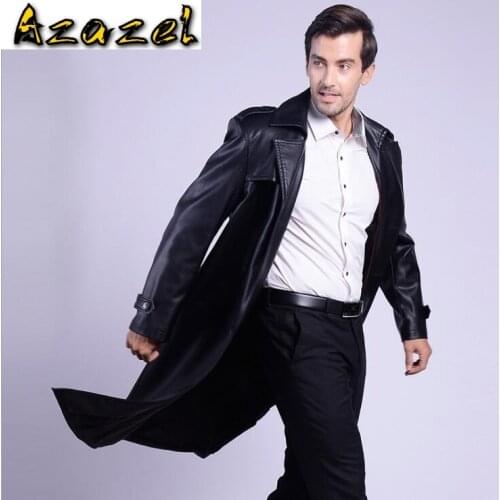 2020 spring new mens long section suit collar leather jacket mens Business casual double-breasted long trench coat Plus Size