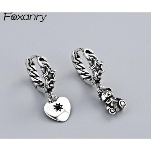 Foxanry Vintage Little Bear Love Asymmetric Long Earrings 925 Sterling Silver Charms Earring Party Jewelry Gift for Women Couple