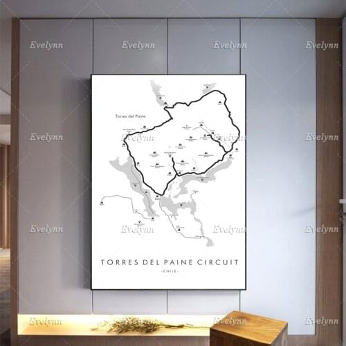 Torres Del Paine Trail Poster | Torres Del Paine Map | Patagonia Hiking Wall Art | Modern Home Decor Prints Canvas Unique Gift
