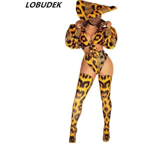 Women Leading Dancer Singer Stage Wear Leopard Bikini Hat 3-Pieces Set Nightclub Bar Party Show Performance Clothes Jazz Costume
