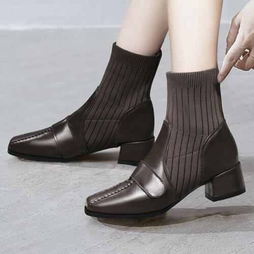 NEW 2021 Autumn Women Boots Square Toe Knitted Womens Boots High Heel Ankle Boots Fashion Square Toe Boots Black