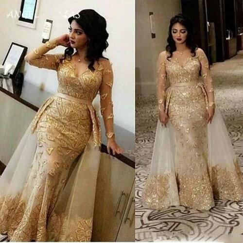 Arabic Sheer Long Sleeves Lace Mermaid Evening Dresses 2020 V Neck Tulle Applique Over Skirt Formal Party Gowns