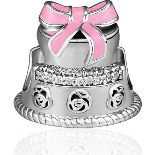 CKK Beads Birthday Cake Charm with Pink Enamel Fits Pandora Charms Silver 925 Original Bracelets Bangles Bead for Jewelry Making