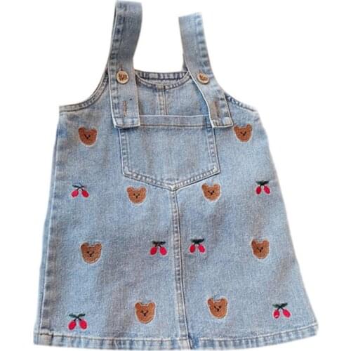 Hollead Girls Kids Straps Denim Dresses Childrens Cartoon Bear Embroidery Suspender Dress 1-8 Years Comfortable Jeans Costume