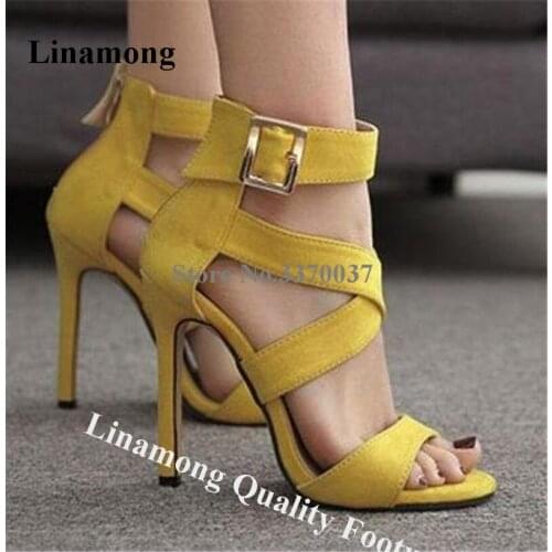Linamong Elegant Open Toe Suede Leather Stiletto Heel Gladiator Sandals Yellow Straps Cross Metal Buckle High Heel Sandals