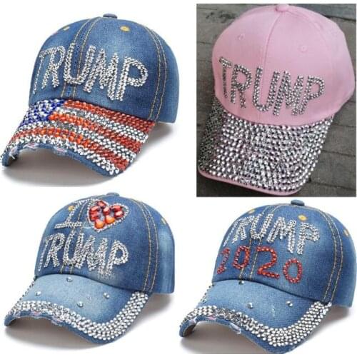 Hot sale trump 2020 baseball cap trump hat election campaign hat cowboy diamond cap Adjustable Snapback Women Denim Diamond hat
