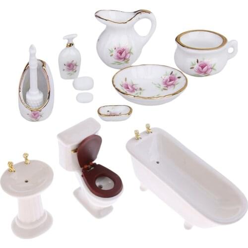 1/12 Dollhouse Miniature Furniture Bathroom Toilet Kit Ceramic Closestool Bathtub Sink Container Set 13 Pieces