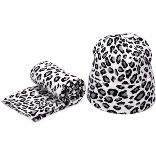 2pcs Winter Women Wool Beanie Hat Scarf Set Leopard Printing Spots Sexy Outdoor Warm Hedging for Girls H9ED