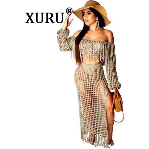 XURU summer new womens sexy fringed dress two-piece bohemian holiday beach dress hollow bag hip dress
