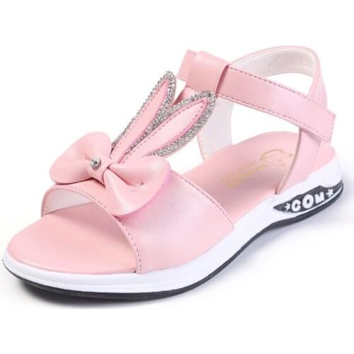 Fashion Girls Sandals Kids Bow Childrens Princess Shoes Girls For Student chaussure fille 4T 5T 6T 7T 8T-16T Pink White Black