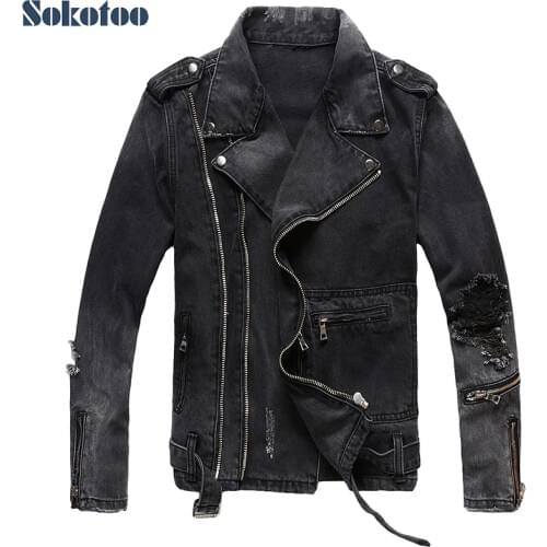 Sokotoo Mens zippers black denim jean biker jacket for motorcycle Vintage epaulet holes ripped distressed coat