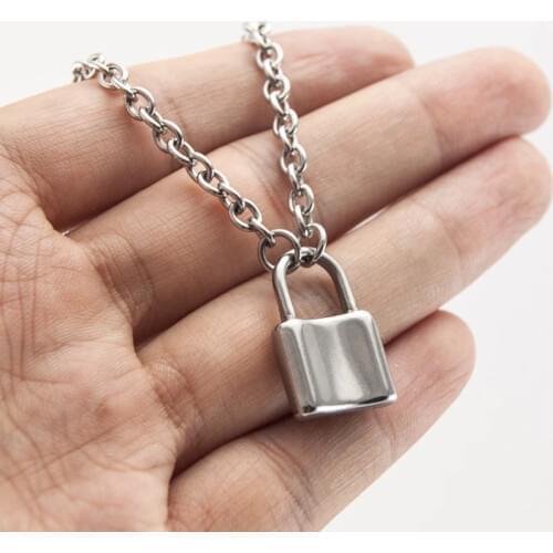 Never Fade Handmade Men Women Stainless Steel Square Lock Pendant Necklaces Padlock Charms Choker Necklace Jewelry Top Quality