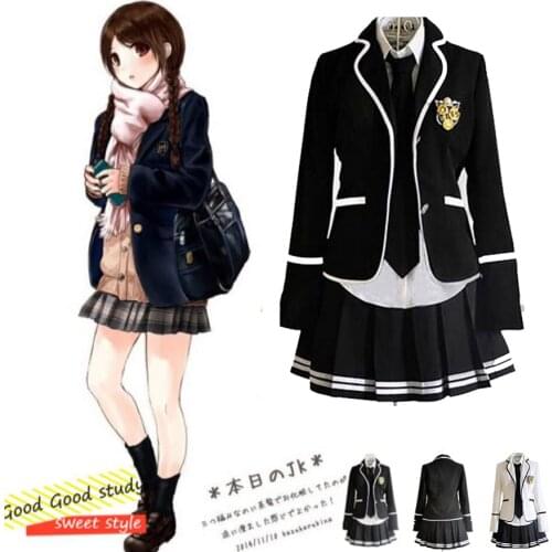 2020 NEW Girl Japanese School Uniform Cosplay Costume Black Red Plaid Skirt Tops Coat Sets