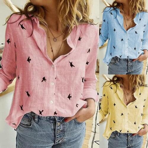 Autumn Bird Print Shirt Casual Women Turn Down Collar Long Sleeve Blouse Top