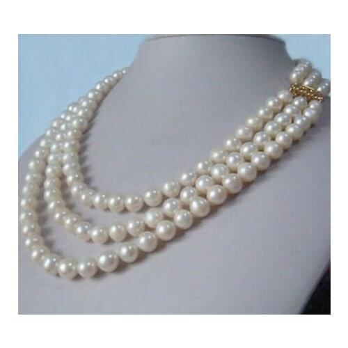 Three-Strand natural 8-9mm akoya white pearl necklace 17"18"19" 14K clasp