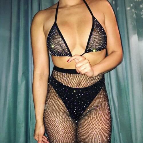 Sexy Fishnet Babydoll Hot Bling Diamond Tights Women Sexy Lingerie Summer Beachwear Partywear Bikini Set Mesh Bra With Pantyhose