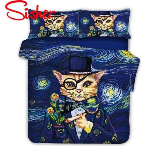 Sisher Modern Painting Print Duvet Cover Set With Pillowcases 3D Cartoon Cat Bedding Sets Single Twin Double Full Queen King